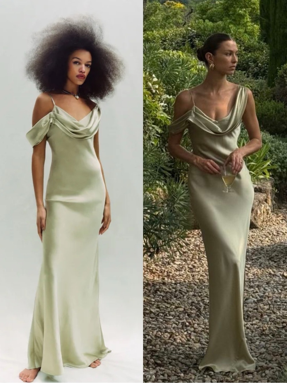 Reformation Ronda Asymmetrical Cowl Neck Silk Maxi Dress Green NEW with tag